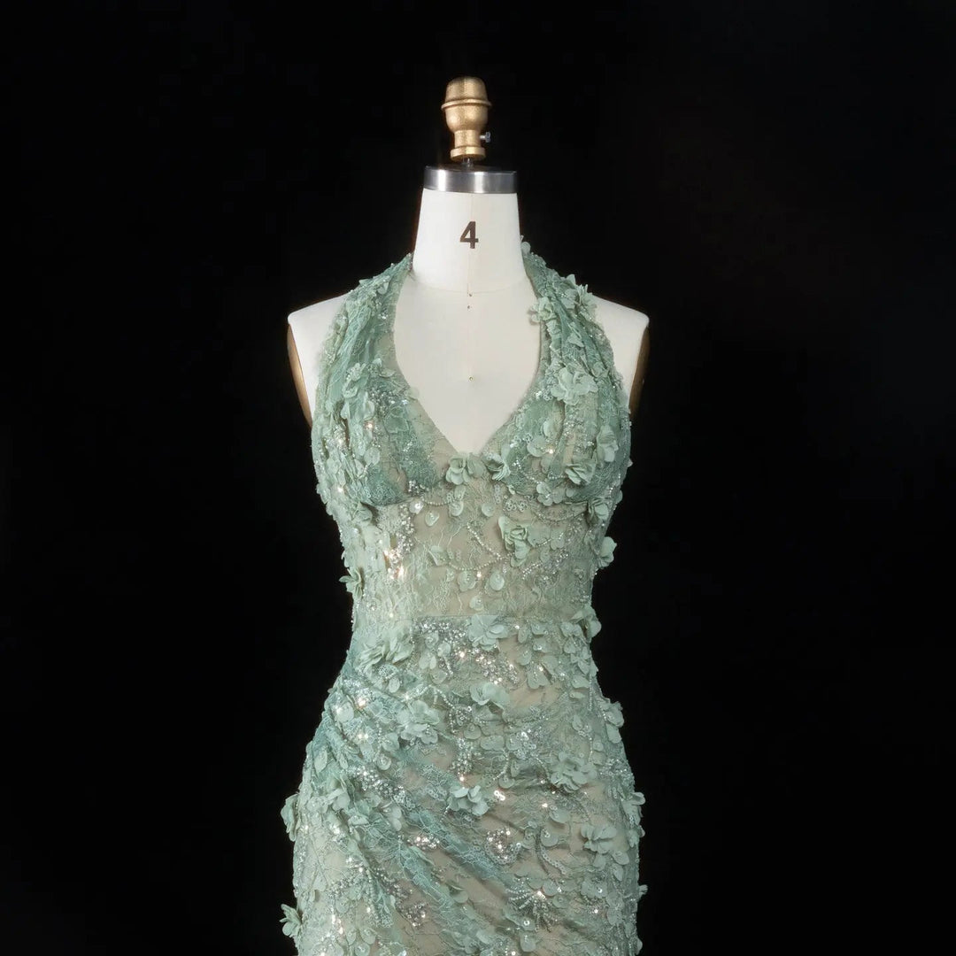 Dreamy Vow SS603 sage green 3D floral halter evening dress detail