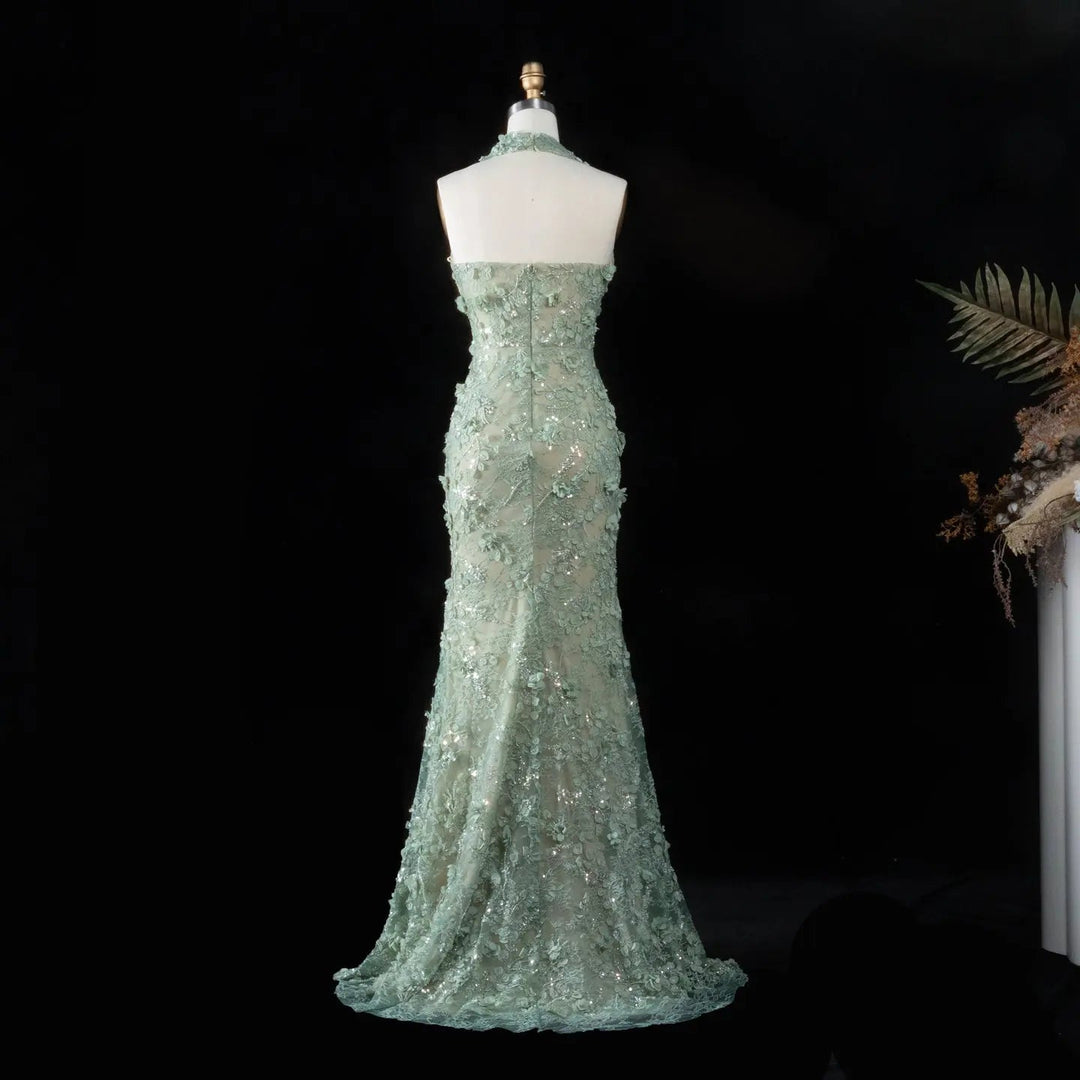 Dreamy Vow SS603 sage green 3D floral halter mermaid evening dress back view