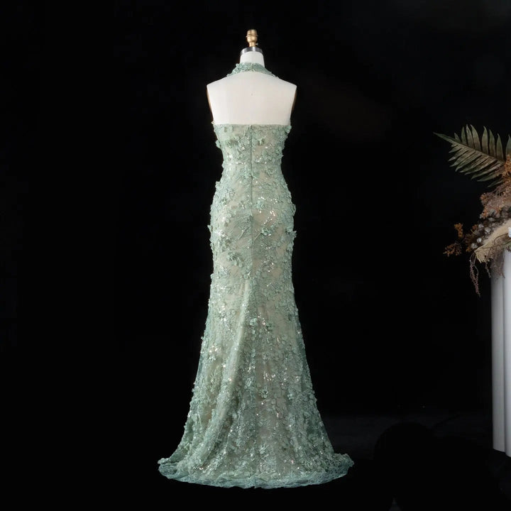 Dreamy Vow SS603 sage green 3D floral halter mermaid evening dress back view