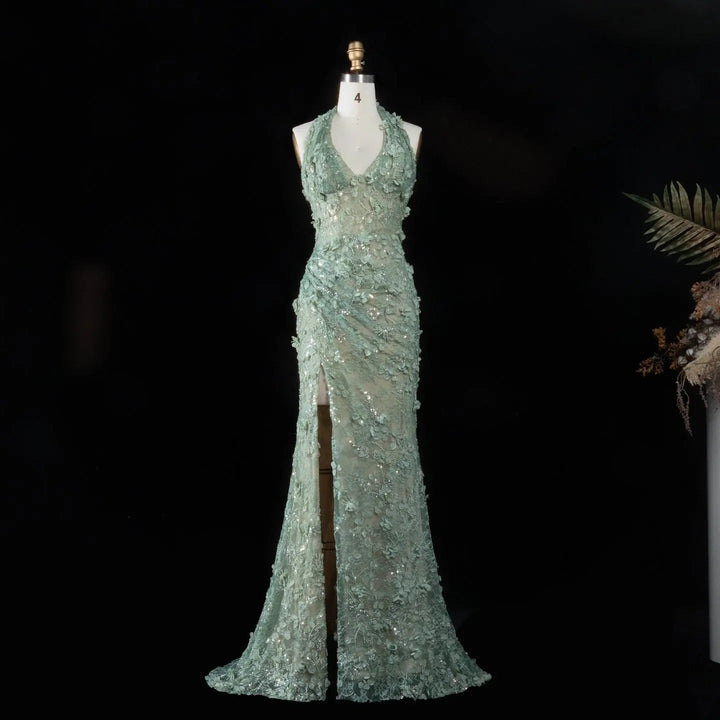 Dreamy Vow SS603 sage green 3D floral halter mermaid evening dress front view