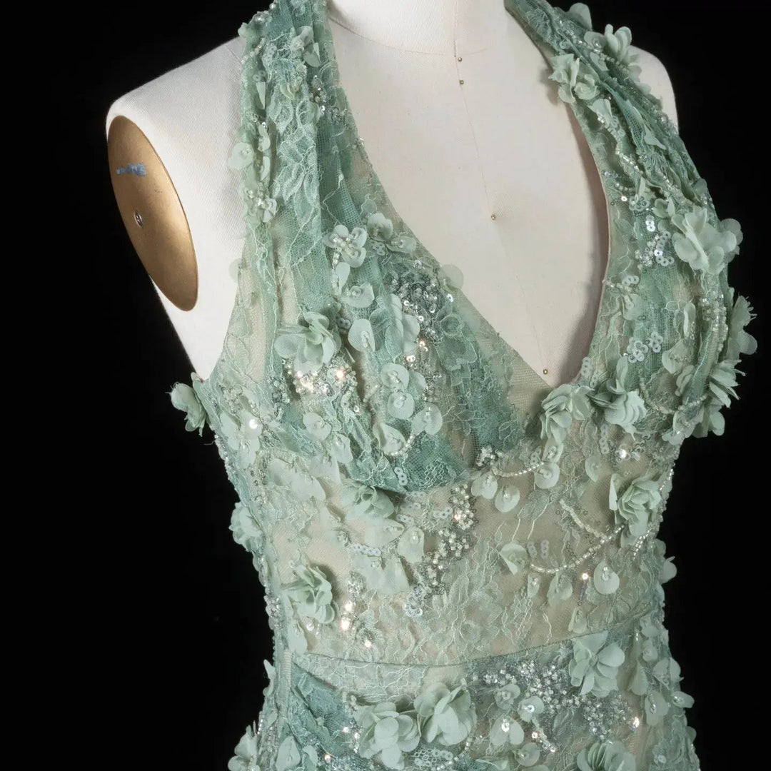 Dreamy Vow SS603 sage green halter V neck bodice detail