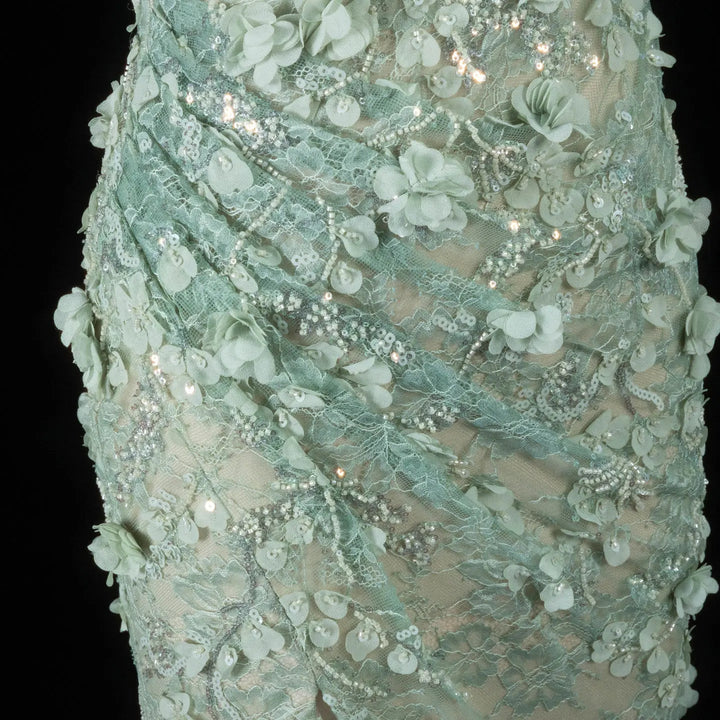Dreamy Vow SS603 sage green sequin lace 3D floral fabric detail