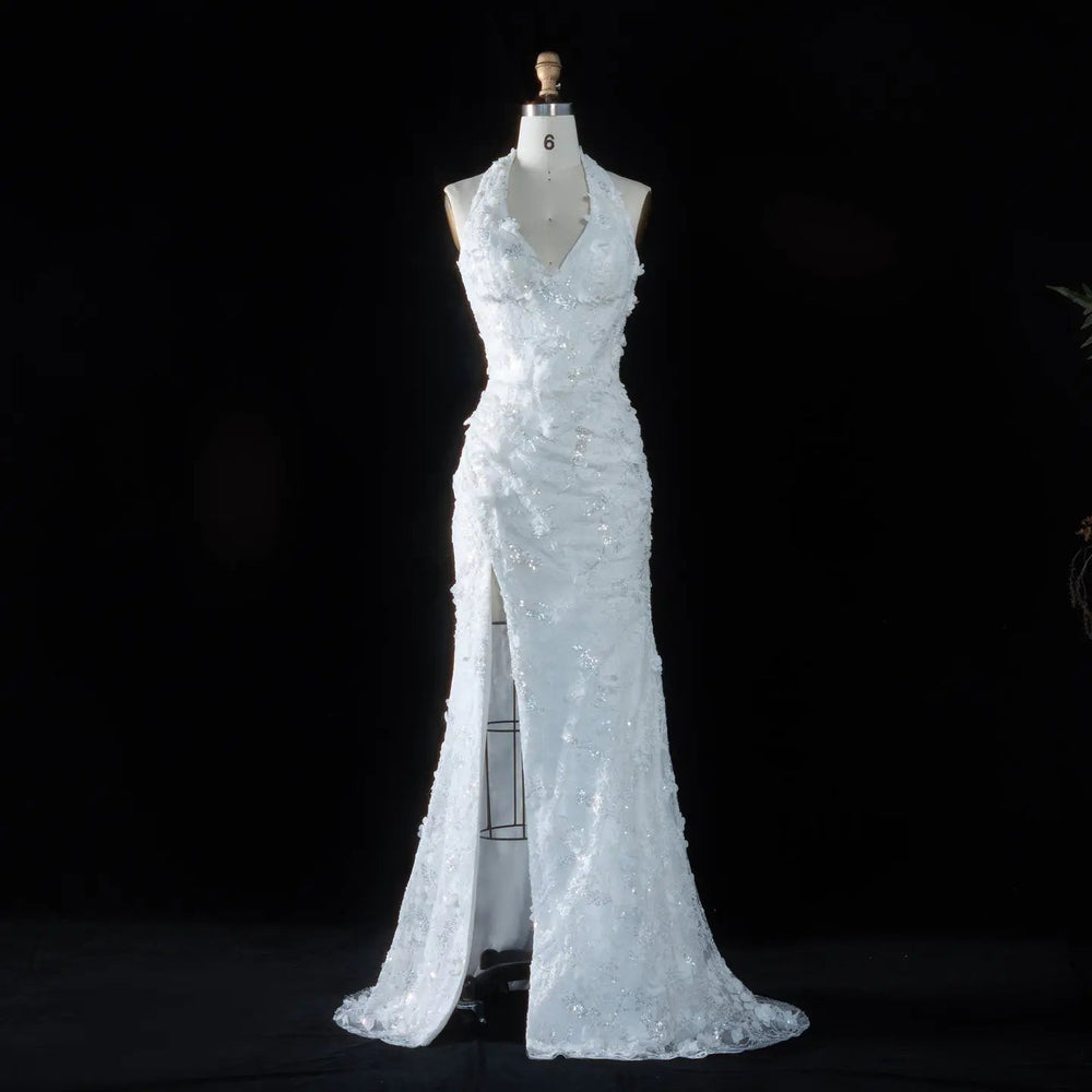Dreamy Vow SS603 white 3D floral halter mermaid evening dress mannequin front