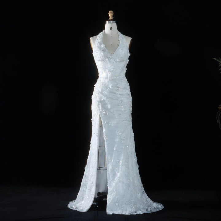 Dreamy Vow SS603 white 3D floral halter mermaid evening dress mannequin front