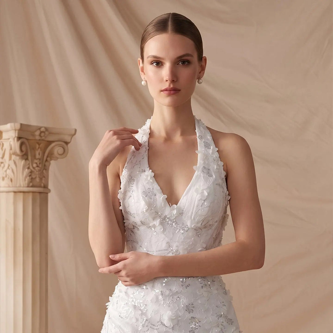 Dreamy Vow SS603 white model halter V neck bodice detail