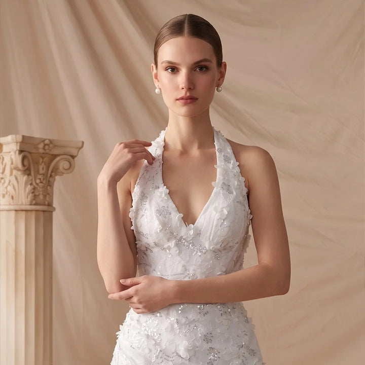 Dreamy Vow SS603 white model halter V neck bodice detail