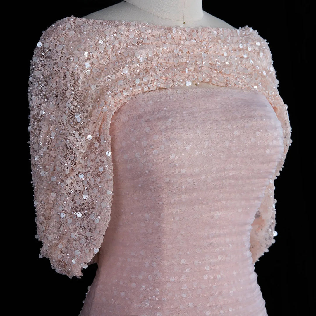 Dreamy Vow SS607 Blush Pink mermaid evening gown cape detail