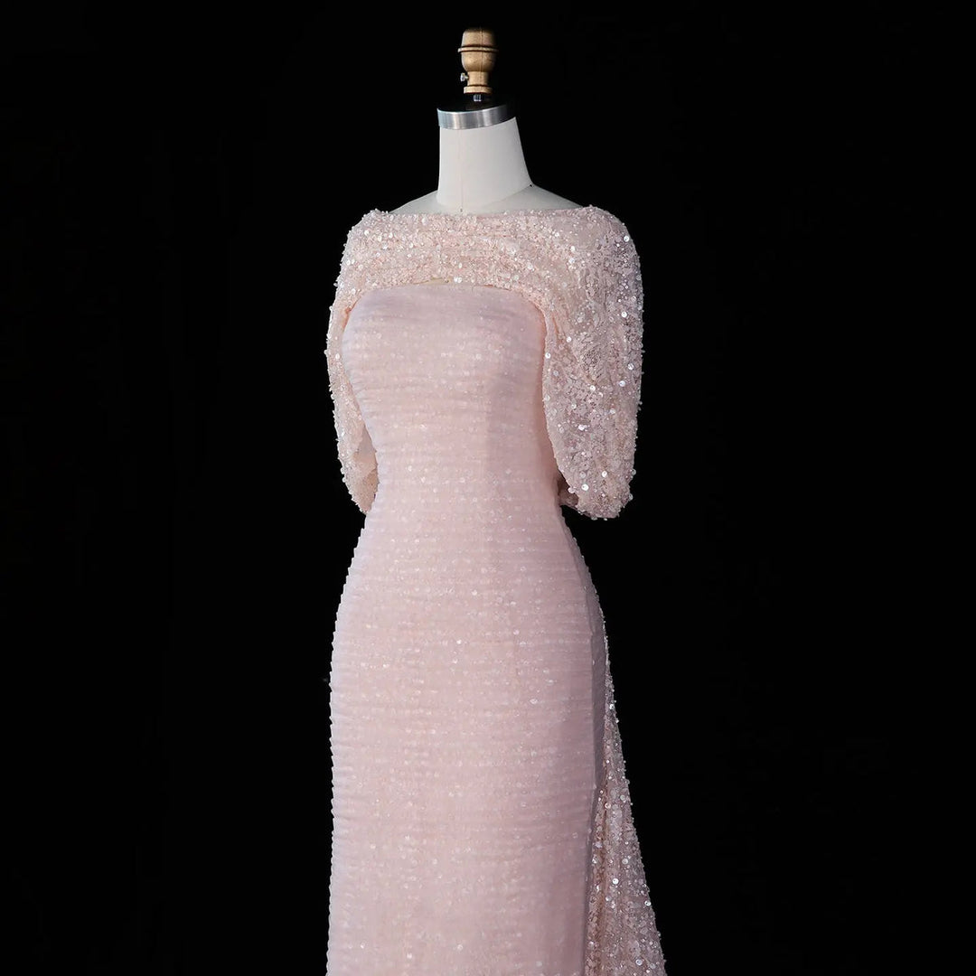 Dreamy Vow SS607 Blush Pink mermaid evening gown cape side