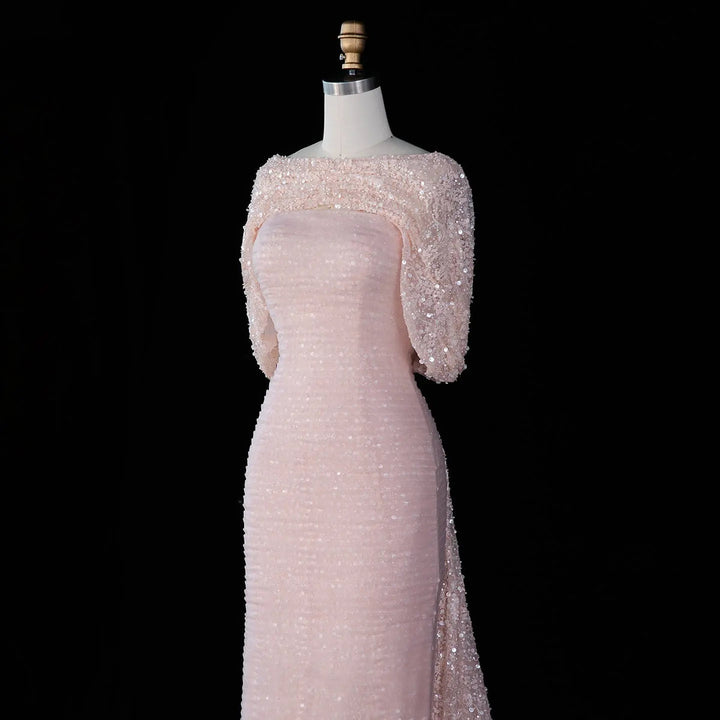 Dreamy Vow SS607 Blush Pink mermaid evening gown cape side