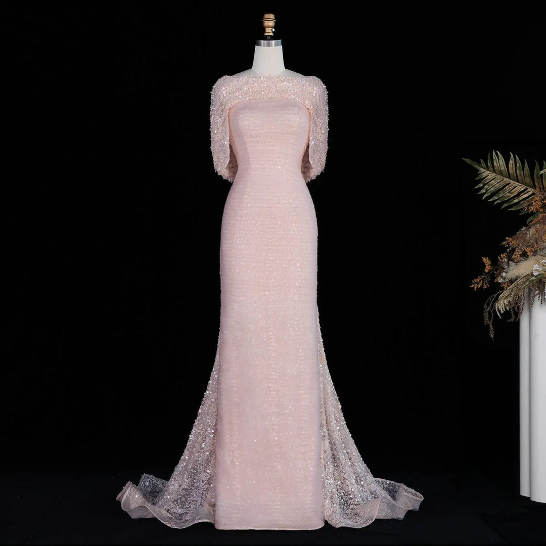 Dreamy Vow SS607 Blush Pink mermaid evening gown front with cape