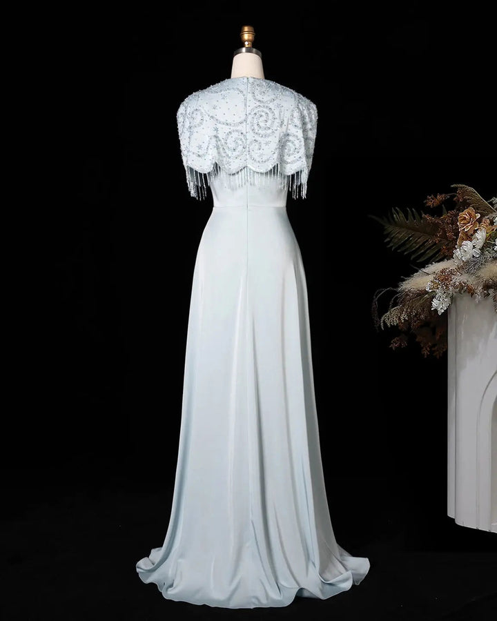 Dreamy Vow SS614 beaded cape chiffon fringe A-line evening dress