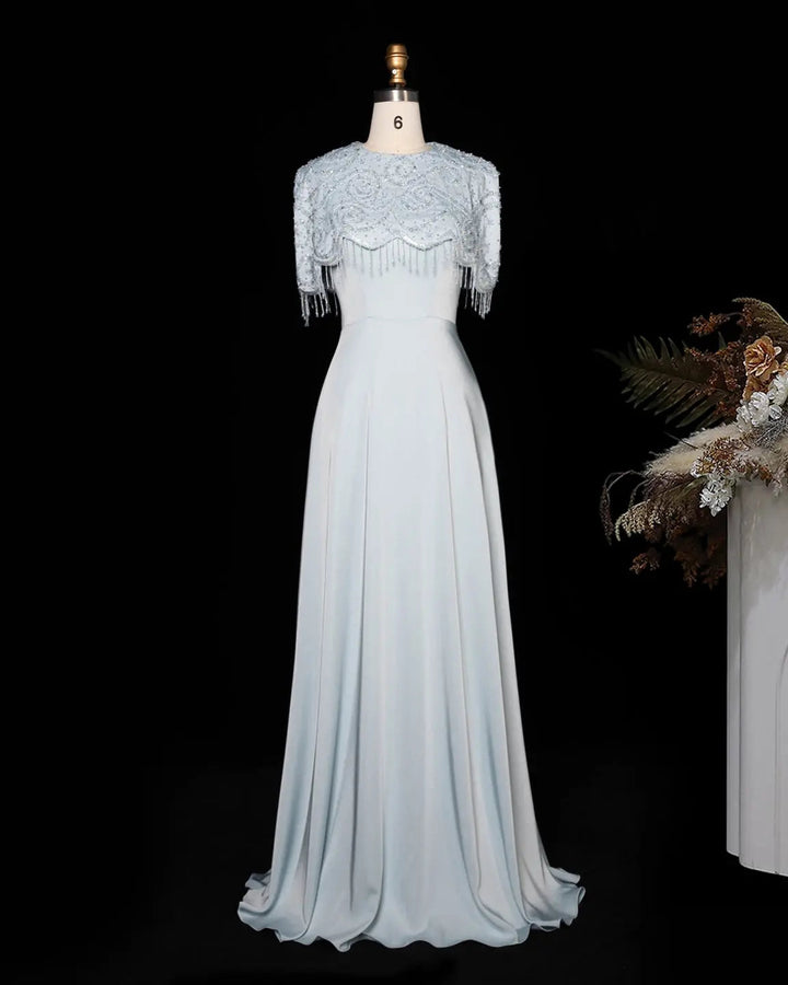 Dreamy Vow SS614 beaded cape chiffon fringe A-line evening dress