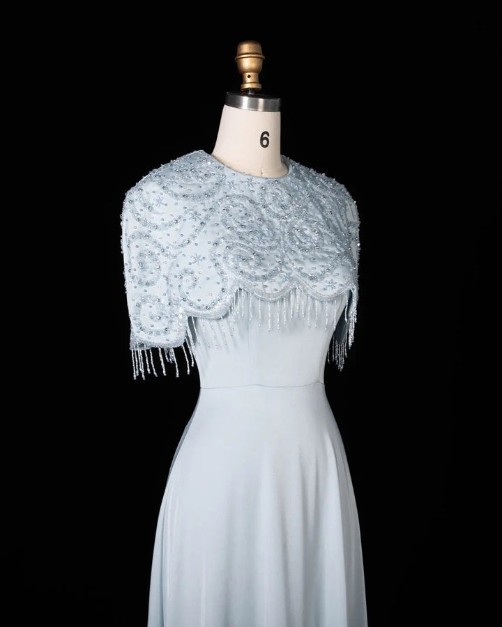 Dreamy Vow SS614 beaded cape chiffon fringe A-line evening dress