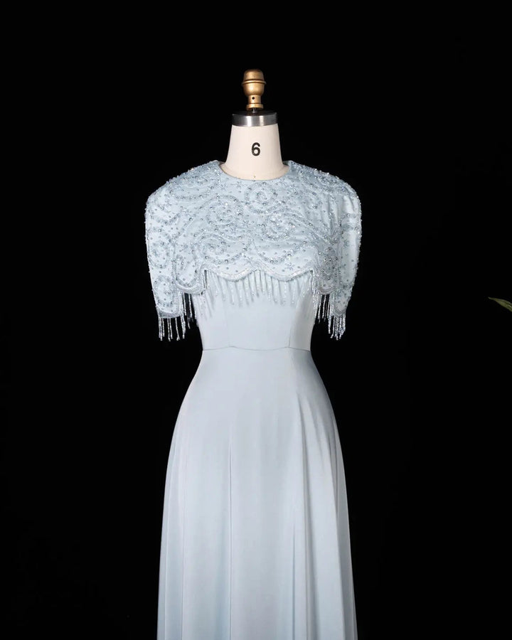 Dreamy Vow SS614 beaded cape chiffon fringe A-line evening dress