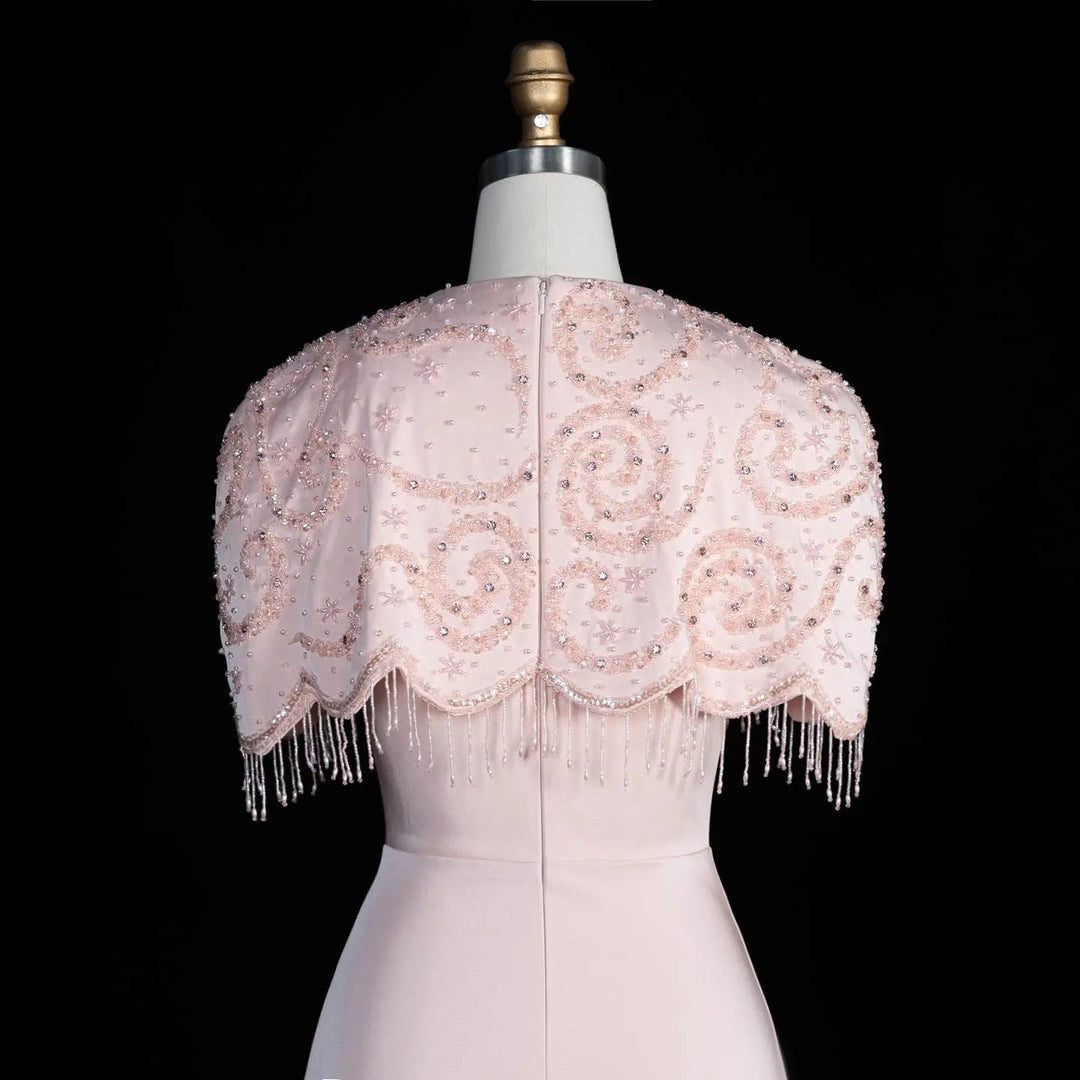 Dreamy Vow SS614 beaded cape chiffon fringe A-line evening dress
