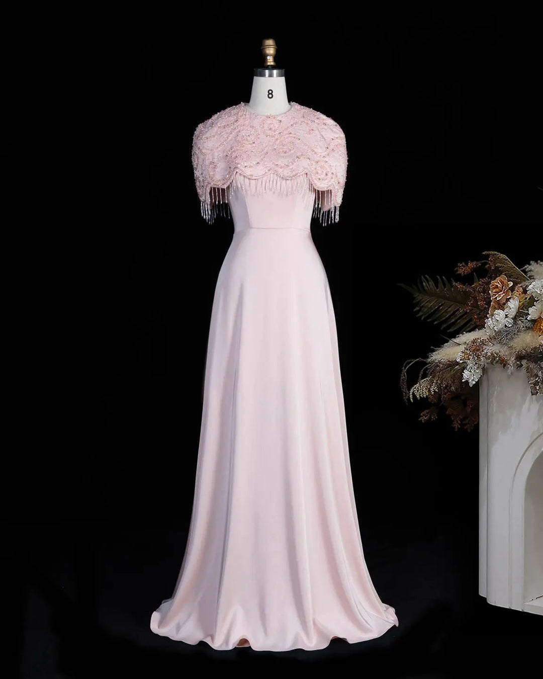 Dreamy Vow SS614 beaded cape chiffon fringe A-line evening dress