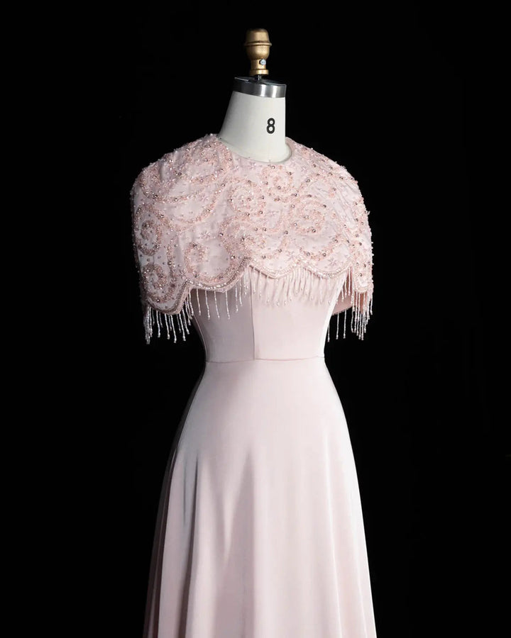 Dreamy Vow SS614 beaded cape chiffon fringe A-line evening dress