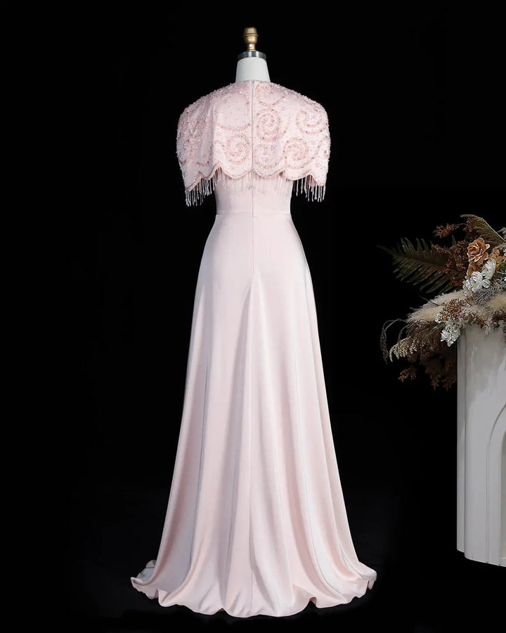 Dreamy Vow SS614 beaded cape chiffon fringe A-line evening dress