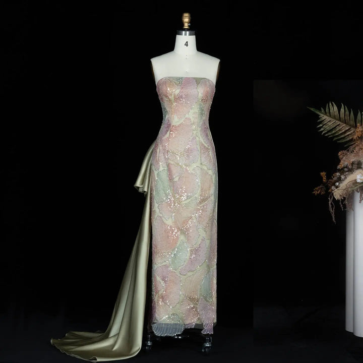 Dreamy Vow SS664 sage green strapless sequin column evening gown with train