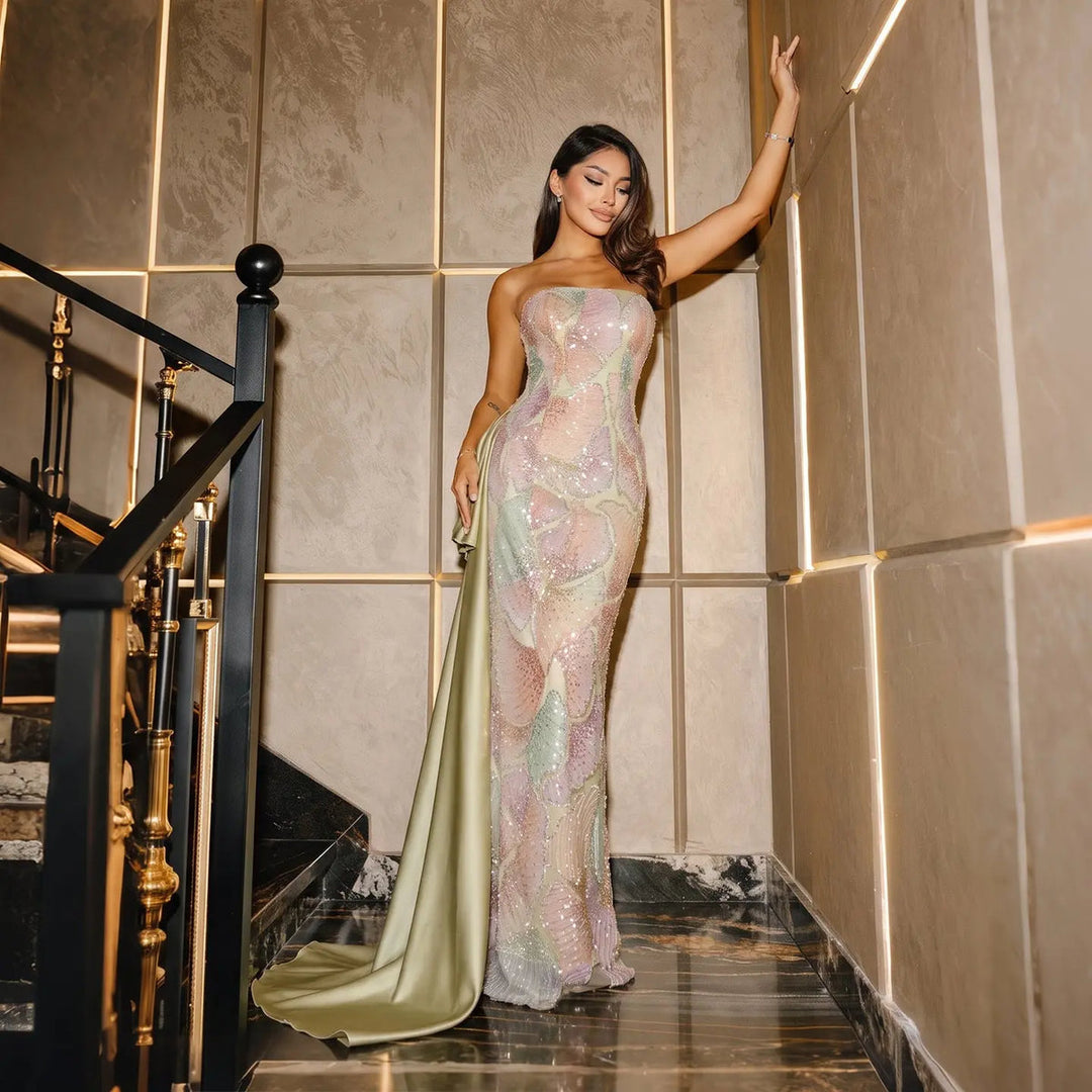 Dreamy Vow SS664 sage green strapless sequin column evening gown with train