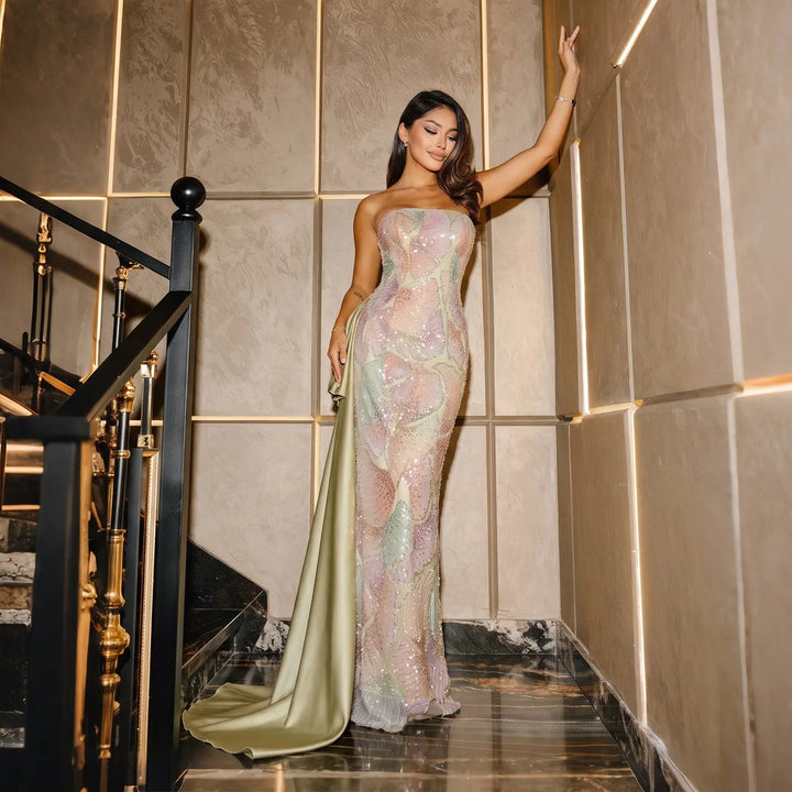 Dreamy Vow SS664 sage green strapless sequin column evening gown with train