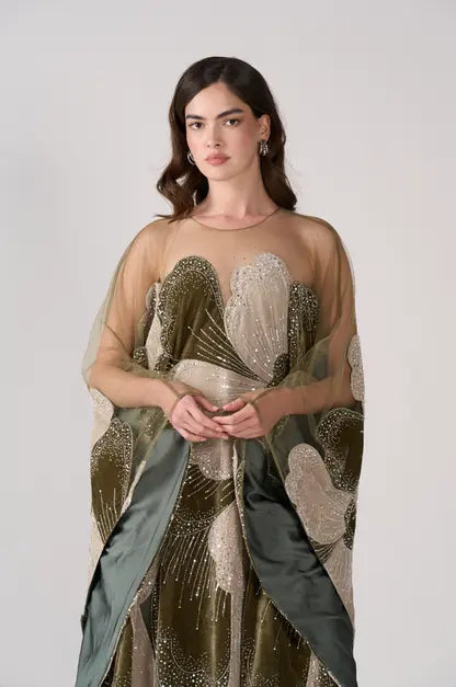Dreamy Vow SS669 green beaded kaftan evening dress neckline detail