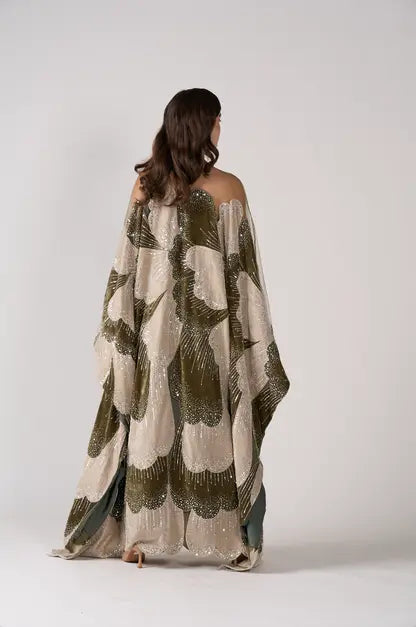 Dreamy Vow SS669 green beaded kaftan evening dress fabric detail