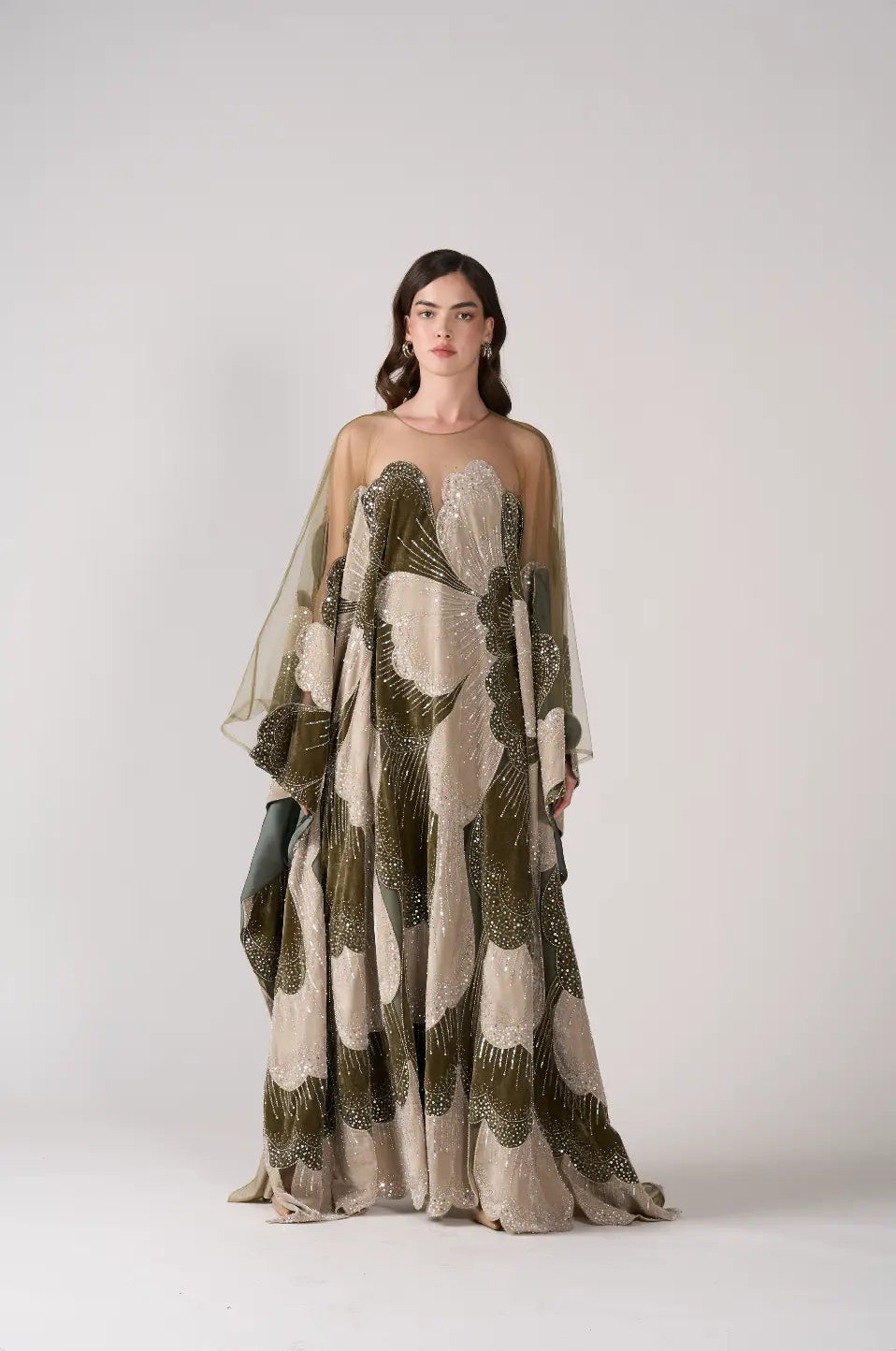 Dreamy Vow SS669 green beaded kaftan evening dress hem detail