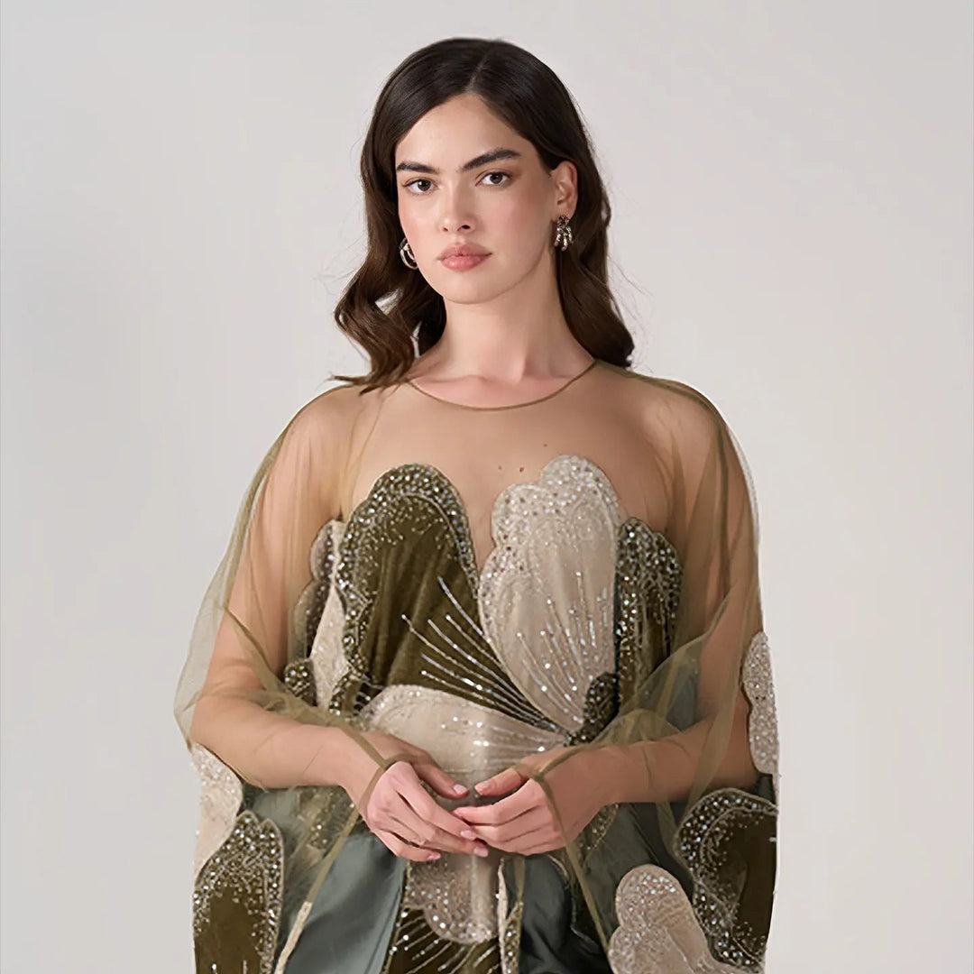 Dreamy Vow SS669 green beaded kaftan evening dress wide sleeve detail