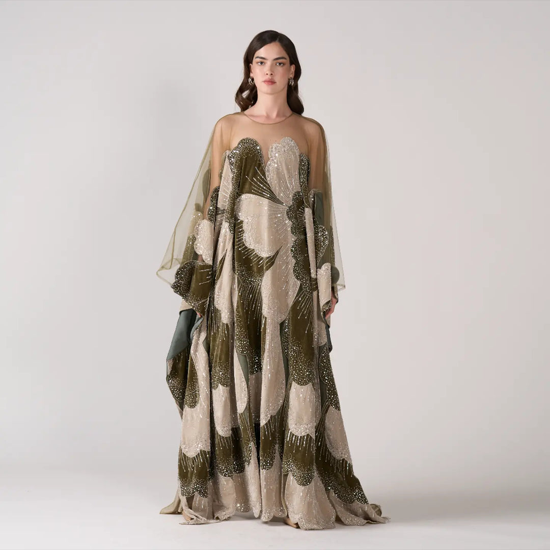 Dreamy Vow SS669 green beaded kaftan evening dress waist detail