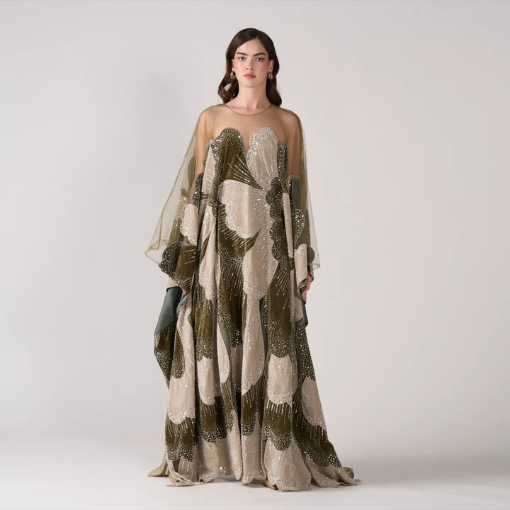 Dreamy Vow SS669 green beaded kaftan evening dress waist detail
