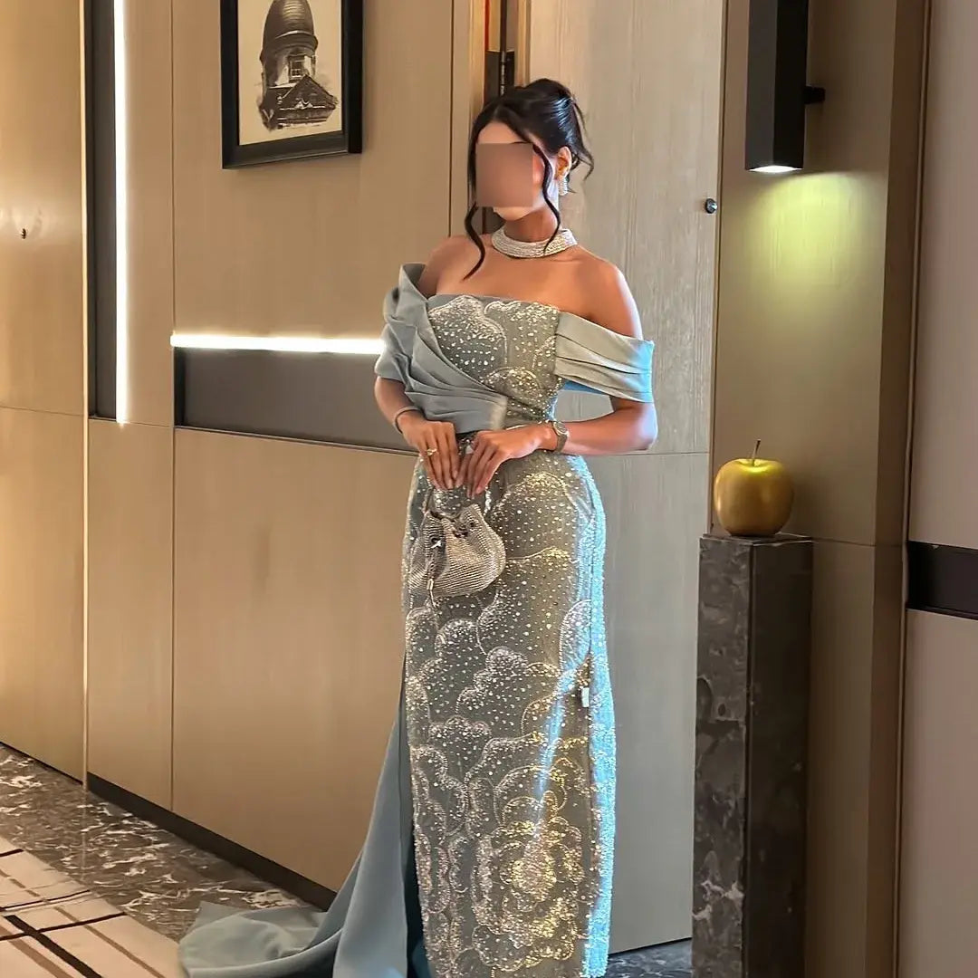 Dreamy Vow SS670 mint green off shoulder beaded column evening gown