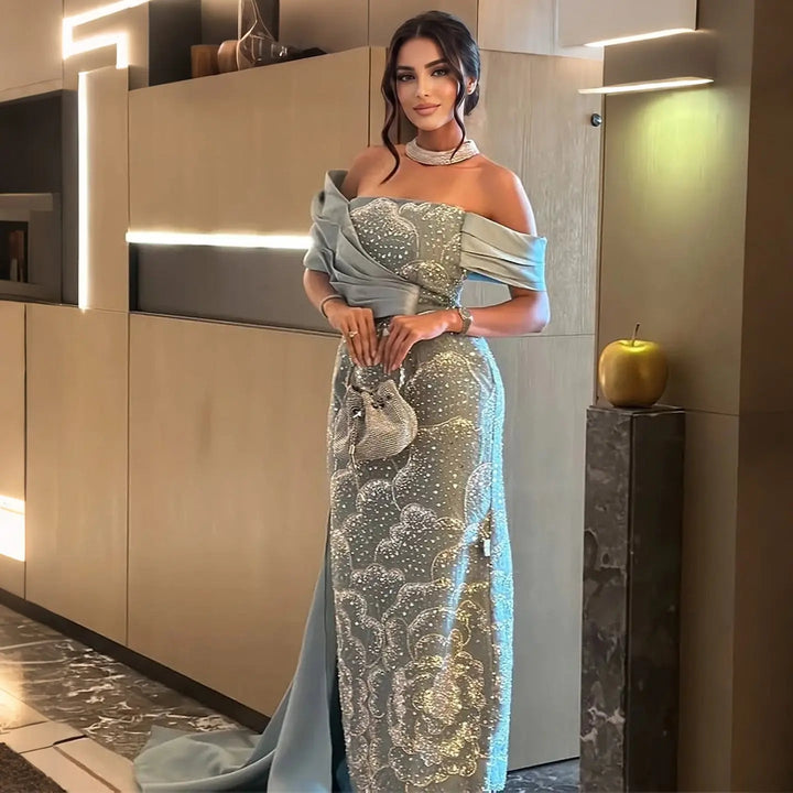 Dreamy Vow SS670 mint green off shoulder beaded column evening gown