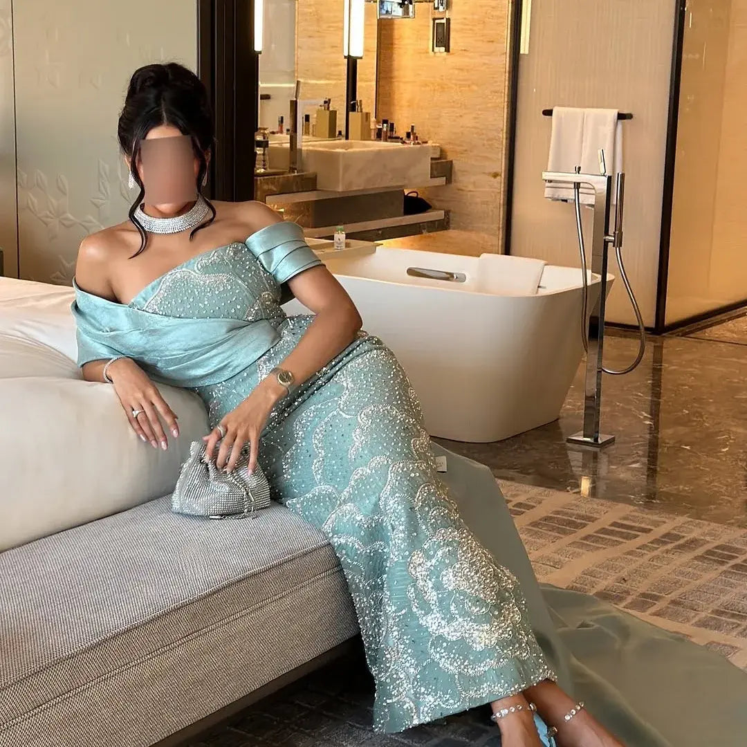 Dreamy Vow SS670 mint green off shoulder beaded column evening gown