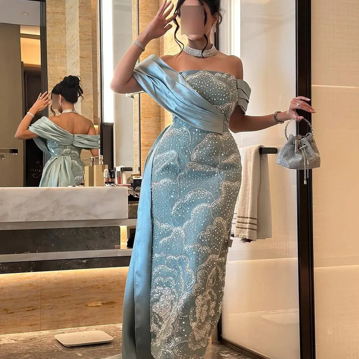 Dreamy Vow SS670 mint green off shoulder beaded column evening gown