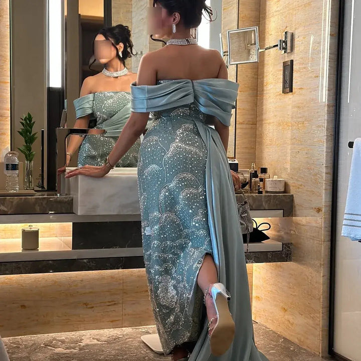 Dreamy Vow SS670 mint green off shoulder beaded column evening gown