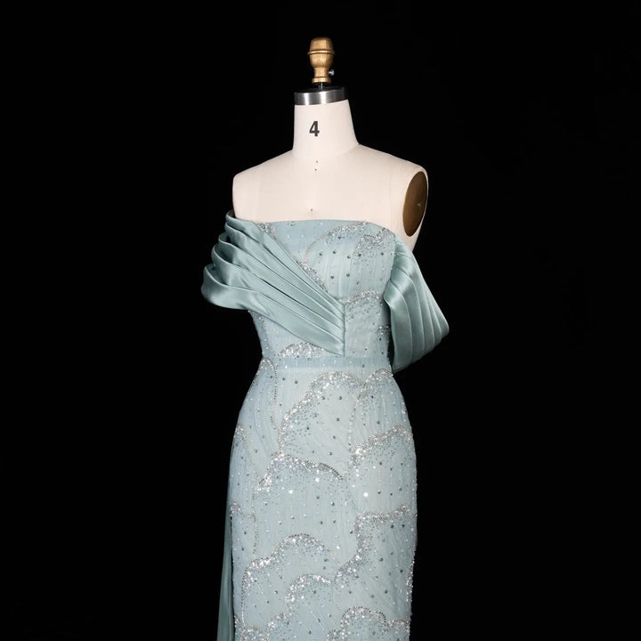 Dreamy Vow SS670 mint green off shoulder side detail