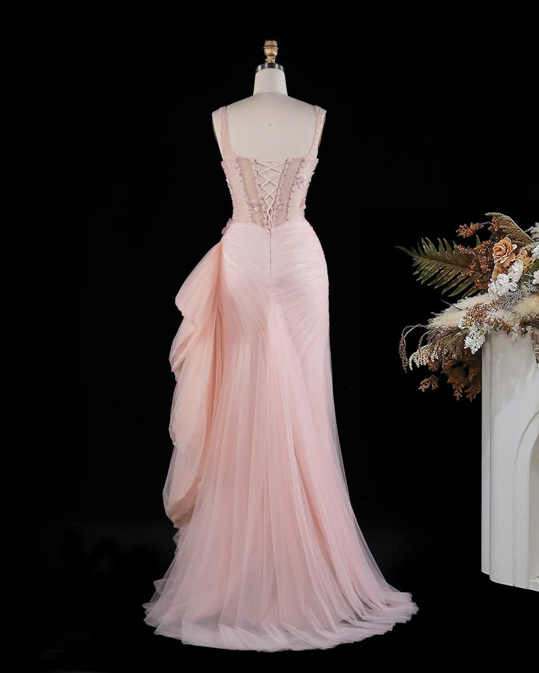 Dreamy Vow SS671 Pink floral beaded corset tulle evening gown back