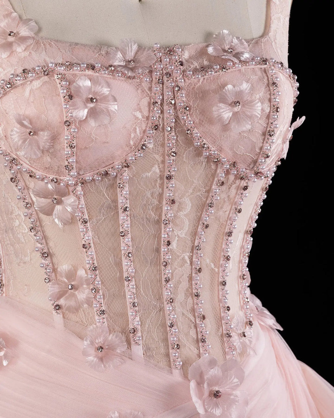 Dreamy Vow SS671 Pink floral beaded corset tulle evening gown beading detail