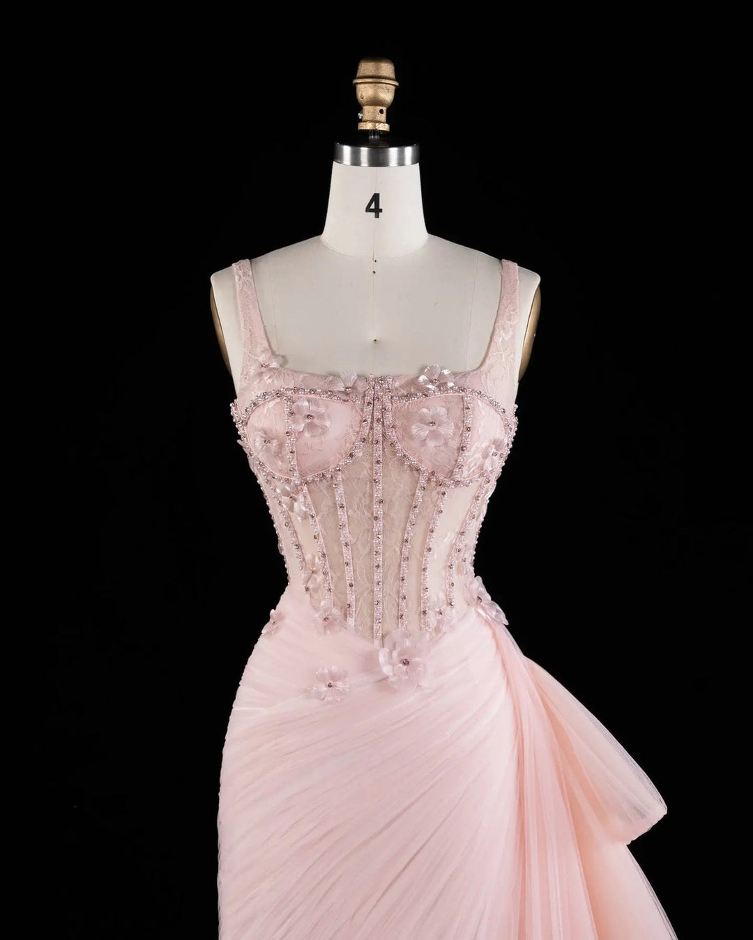 Dreamy Vow SS671 Pink floral beaded corset tulle evening gown bodice front