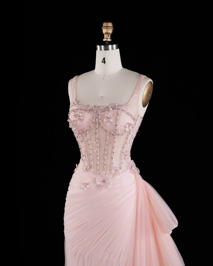 Dreamy Vow SS671 Pink floral beaded corset tulle evening gown bodice side