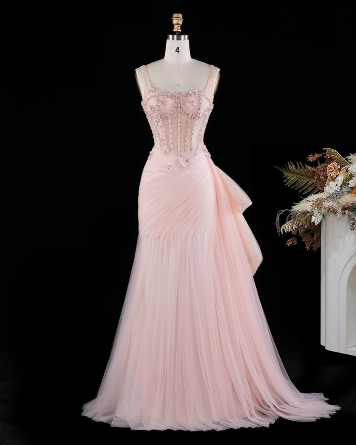 Dreamy Vow SS671 Pink floral beaded corset tulle evening gown front
