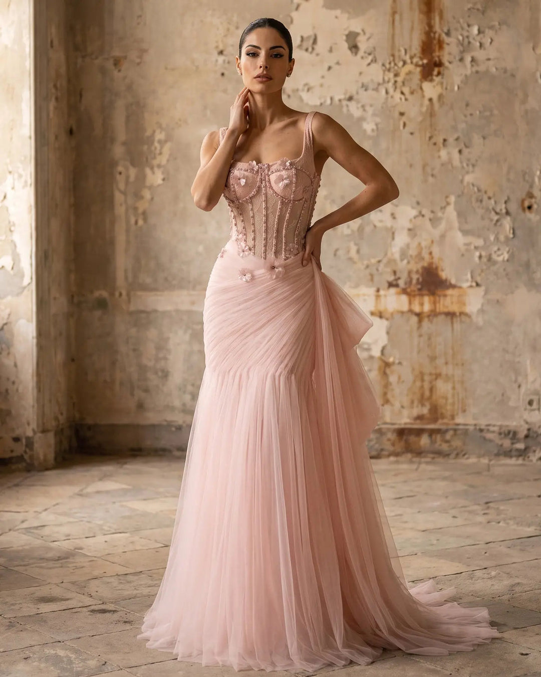Dreamy Vow SS671 Pink floral beaded corset tulle evening gown model front