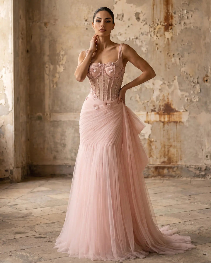 Dreamy Vow SS671 Pink floral beaded corset tulle evening gown model front