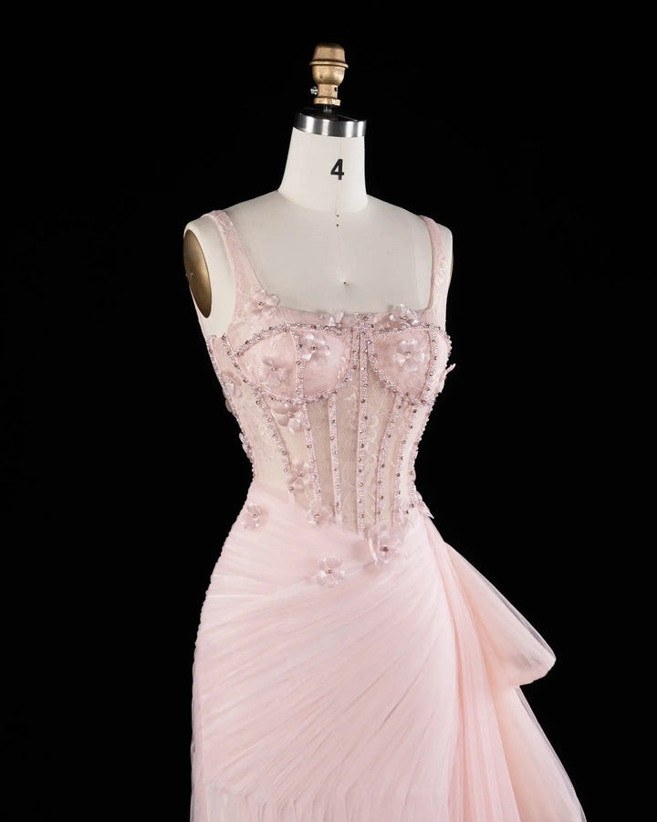 Dreamy Vow SS671 Pink floral beaded corset tulle evening gown side front