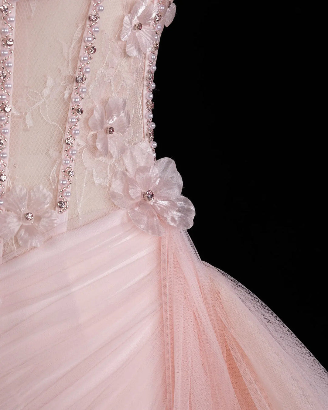 Dreamy Vow SS671 Pink floral beaded corset tulle evening gown waist detail
