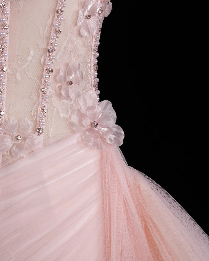 Dreamy Vow SS671 Pink floral beaded corset tulle evening gown waist detail