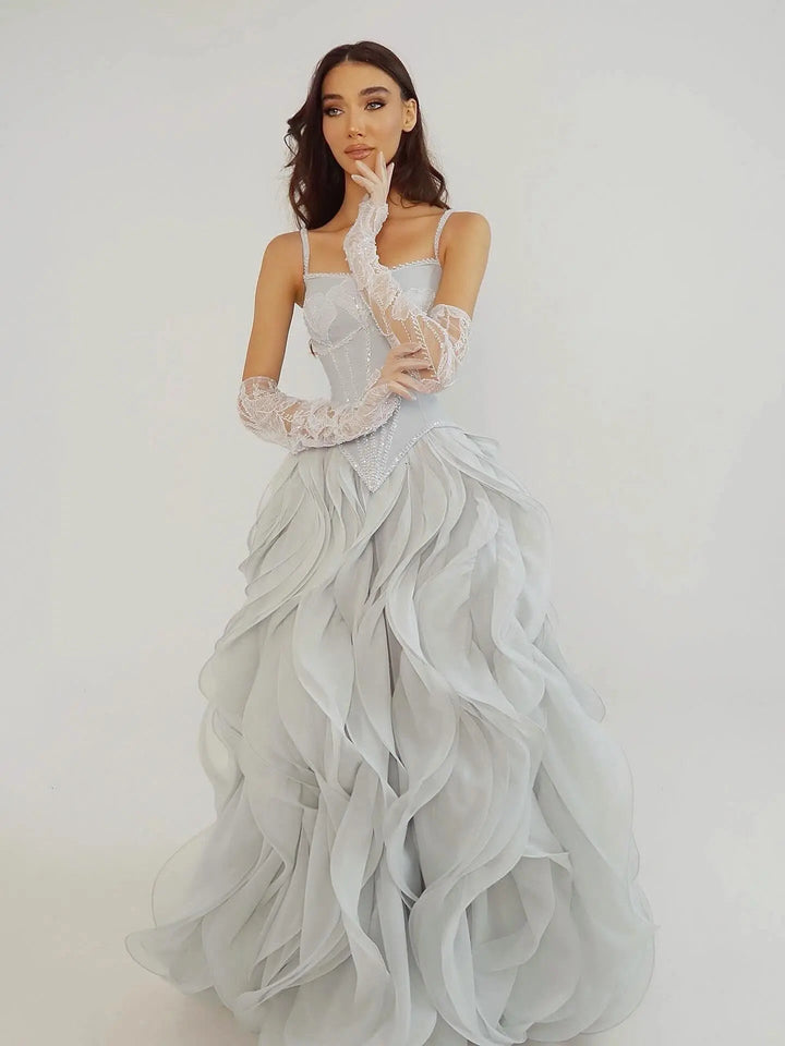 Dreamy Vow SS672 gray ruffle evening dress alternate front view