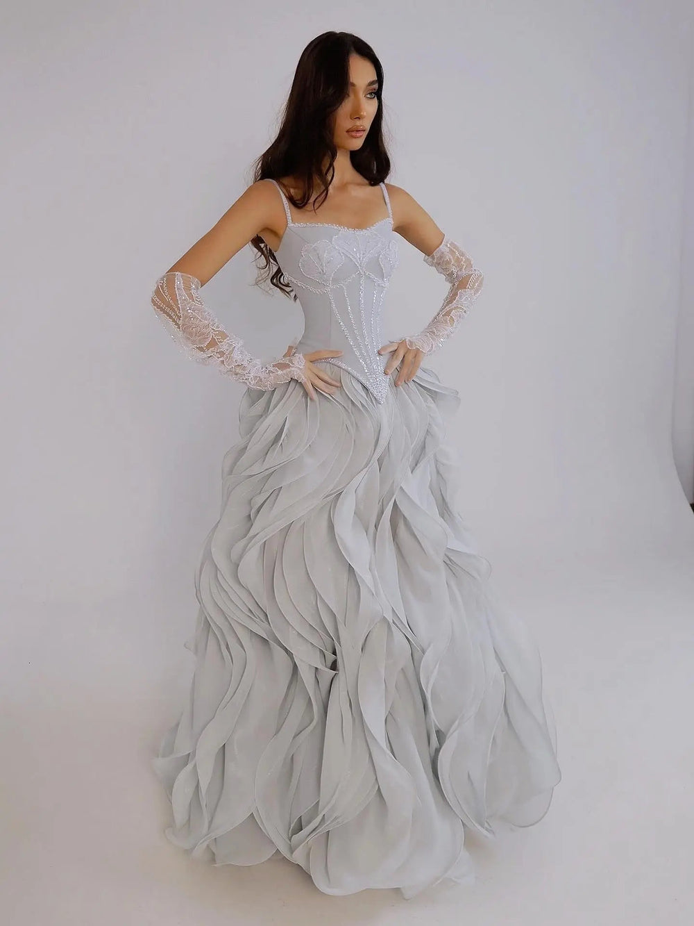 Dreamy Vow SS672 gray ruffle evening dress front view
