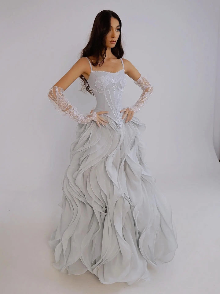 Dreamy Vow SS672 gray ruffle evening dress front view